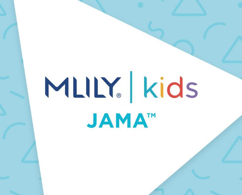 MLILY Kids Jama logo on a blue and white geometric patterned background