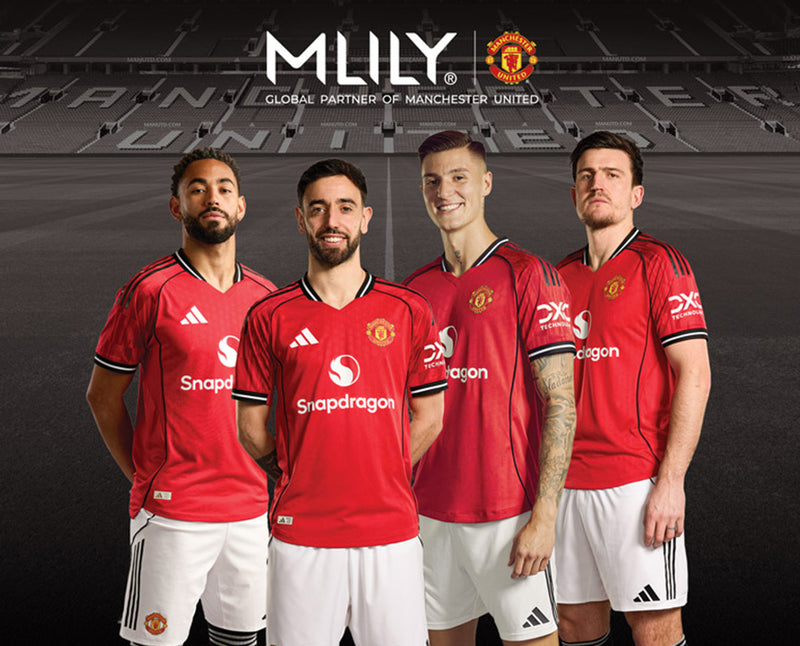 Four men wearing Manchester United jerseys with Snapdragon logo on a dark background, featuring the MLILY brand.