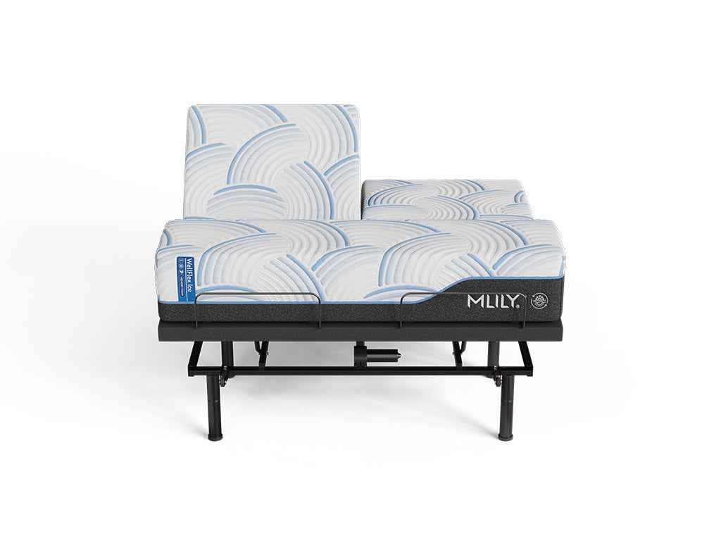 Front view of the WellFlex ICE Split Head King mattress on an MS300 adjustable base with different head elevations and the foot section raised.