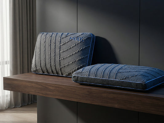 Two textured gray pillows with blue piping resting on a floating dark wood bench against a dark gray paneled wall.  PowerCool Classic