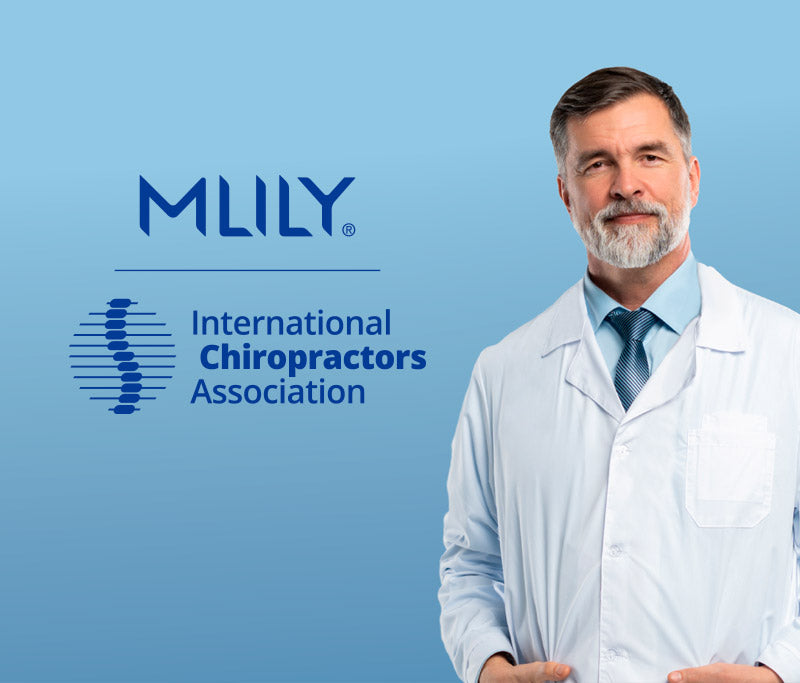 Man in a white coat standing next to MLILY and International Chiropractors Association logos on a blue background