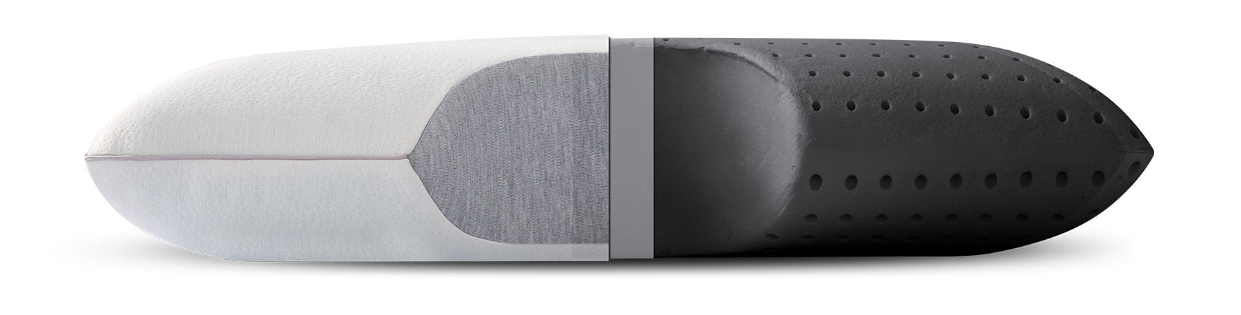Cross-section view of the MLILY Serenity pillow showing a soft outer cover and ventilated memory foam core designed for breathable comfort and support.
