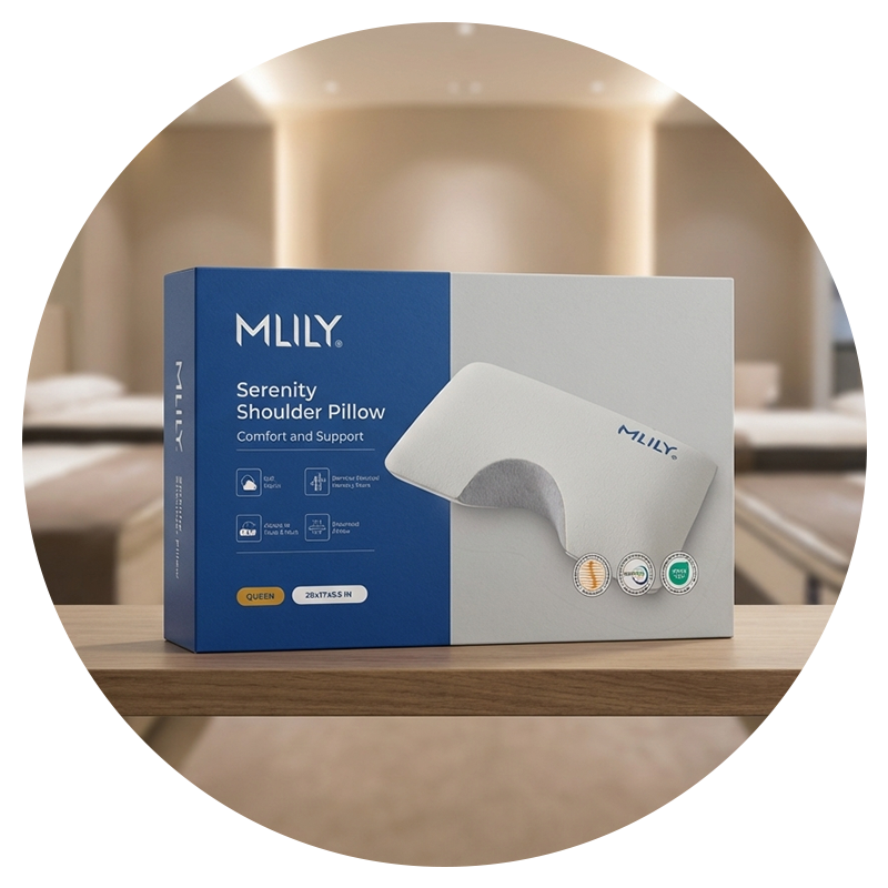 MILY Serenity Shoulder Pillow packaging on a wooden surface with blurred background