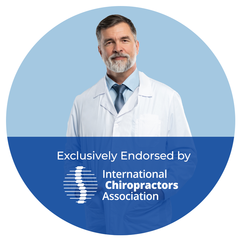 Man in a white lab coat with text stating “Exclusively Endorsed by the International Chiropractors Association.”