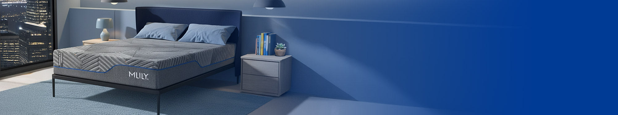 Bed with blue bedding and nightstands in a modern bedroom setting