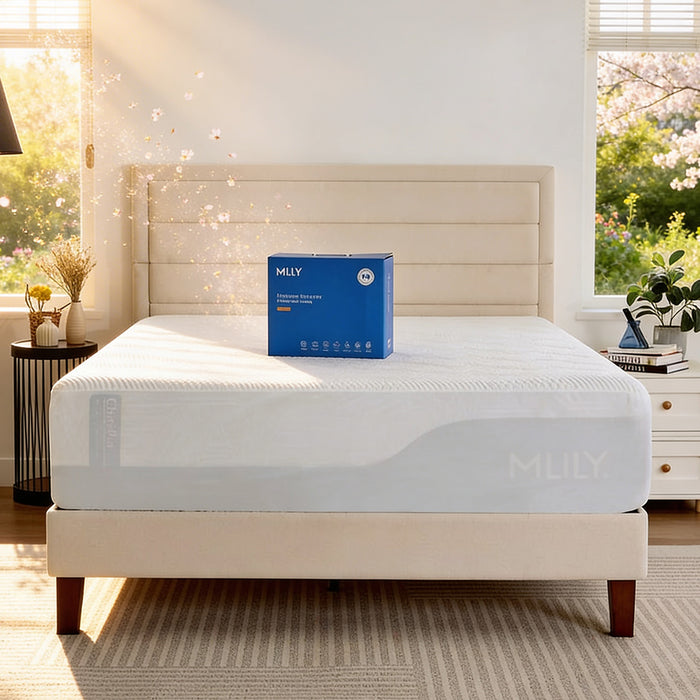 MLILY Mattress Protector box on top of mattress covered in protector with windows showing spring outside