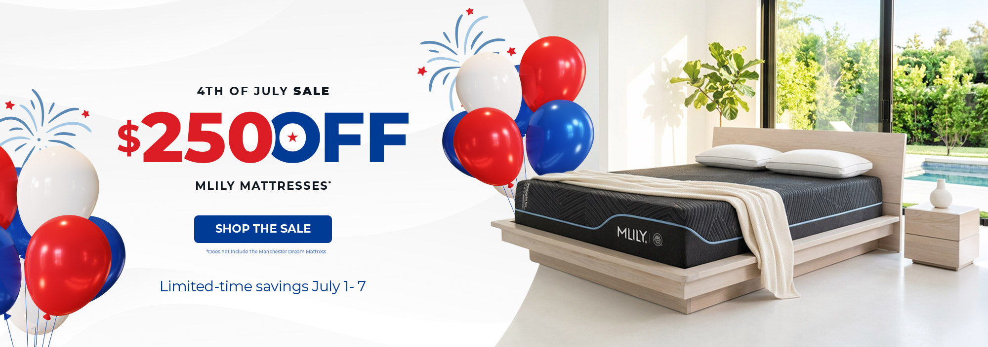 MLILY mattress on a platform with July 4th sale promotion text and balloons.