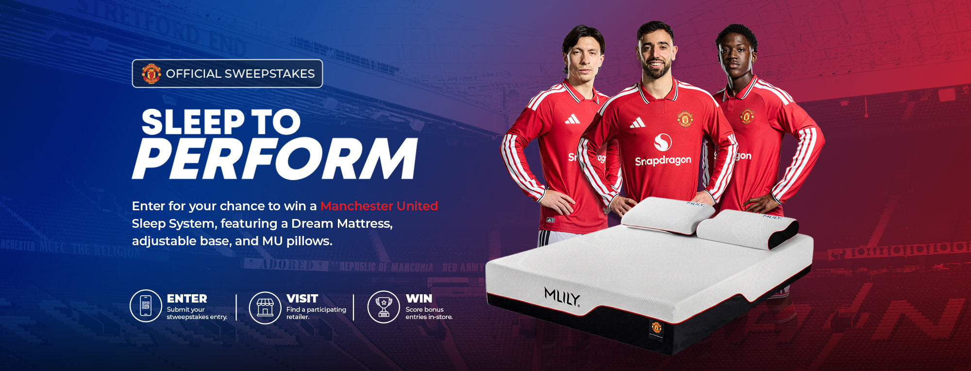 Advertisement for a sweepstakes with Manchester United players and a mattress, featuring a blue and red gradient background.