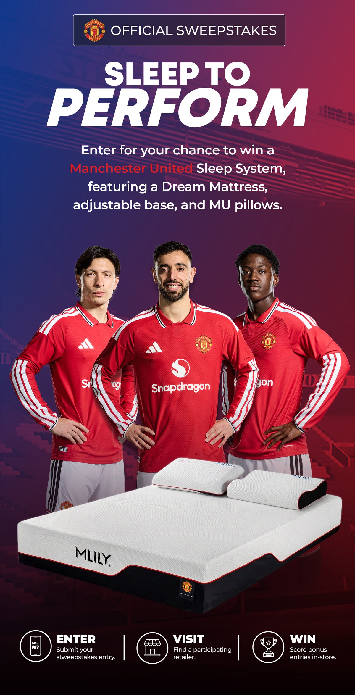 Advertisement for Manchester United sleep system sweepstakes with three individuals in red sports jerseys and a mattress.