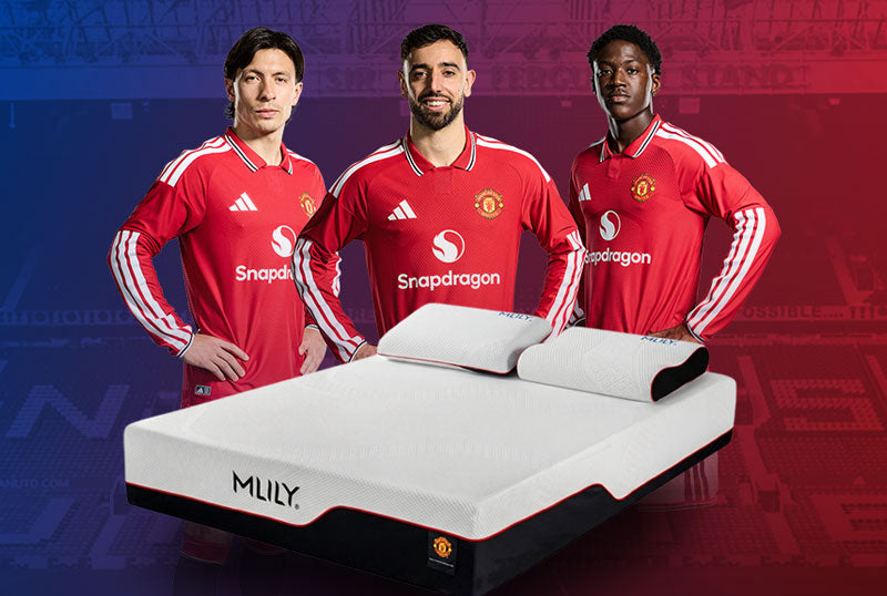 Manchester United players Lisandro Martínez, Bruno Fernandes and Kobbie Mainoo stand behind the MLILY Manchester United mattress and pillow collection.