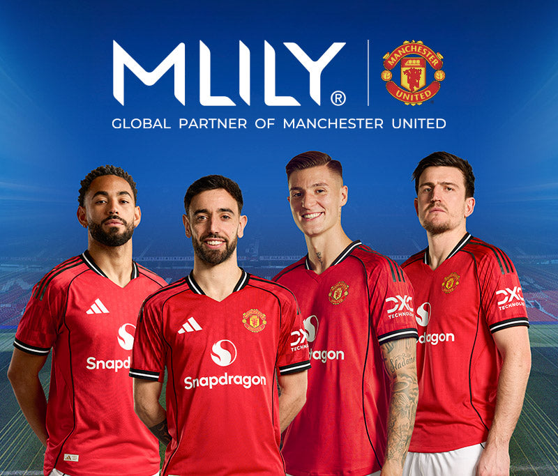 Four men wearing Manchester United red jerseys with Snapdragon logo against a blue background featuring MLILY and Manchester United logos.