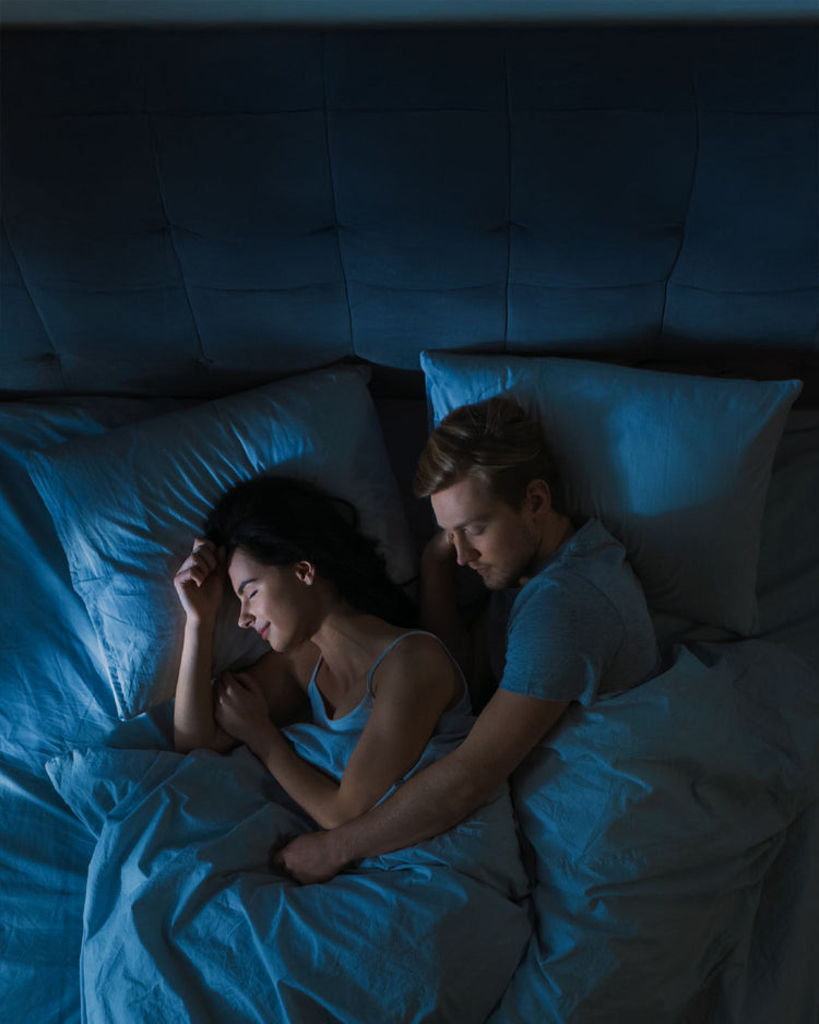 Two people lying in bed under a blue blanket in a dimly lit room.