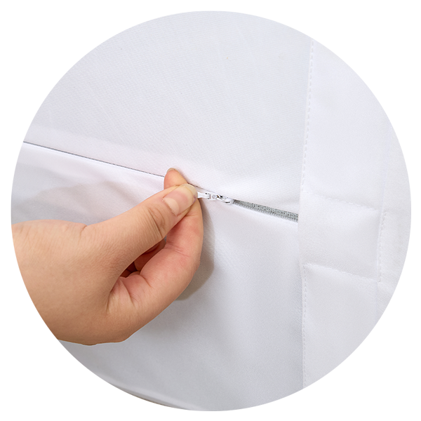 Hand zipping a white fabric on a white background