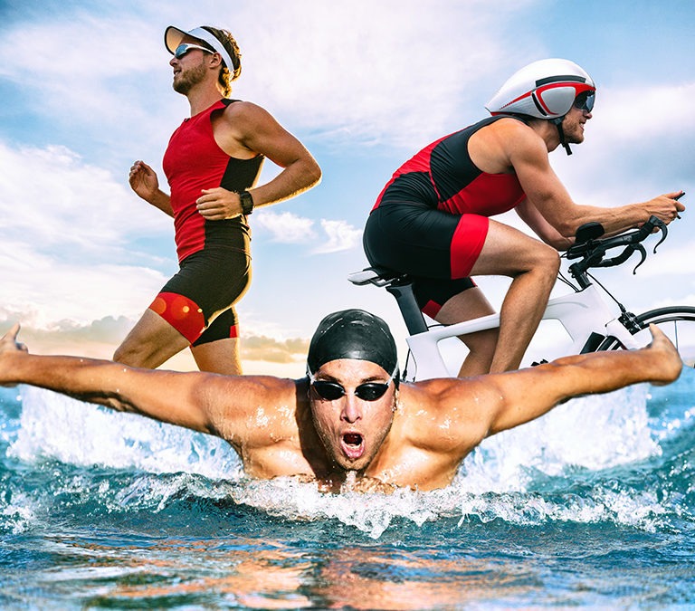 a collage of notable athletes jogging, cycling, and swimming