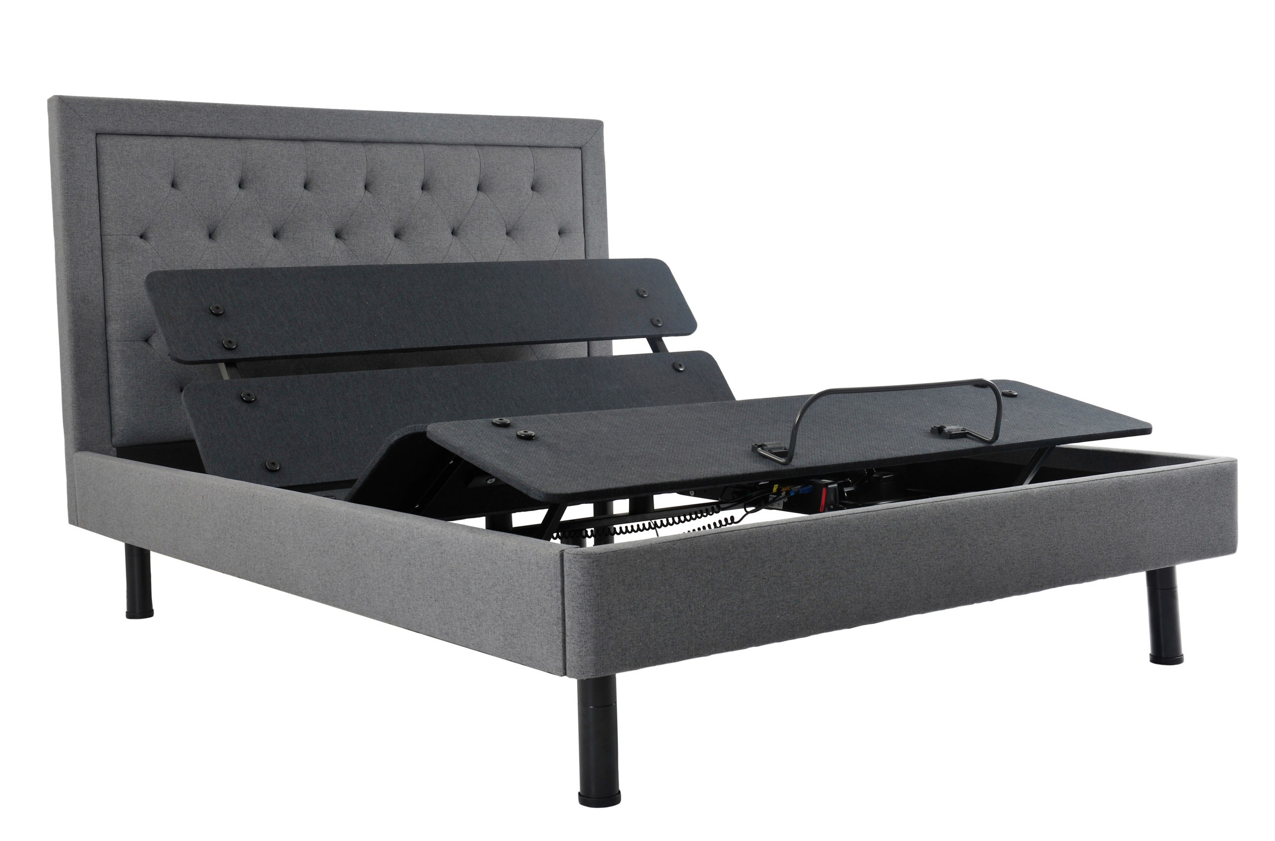 NH200SA Base with charcoal grey upholstered tufted headboard and bed frame shown in adjusted position with head and foot of bed elevated.