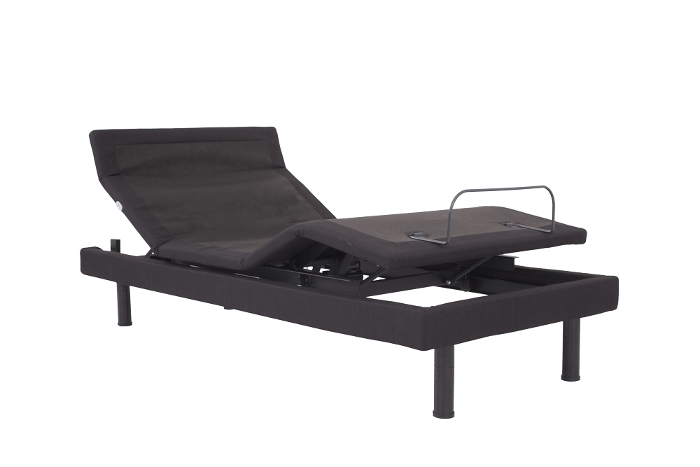 The black NE500S base is shown in its adjusted position with the head and foot of the bed elevated with black round legs against white background.