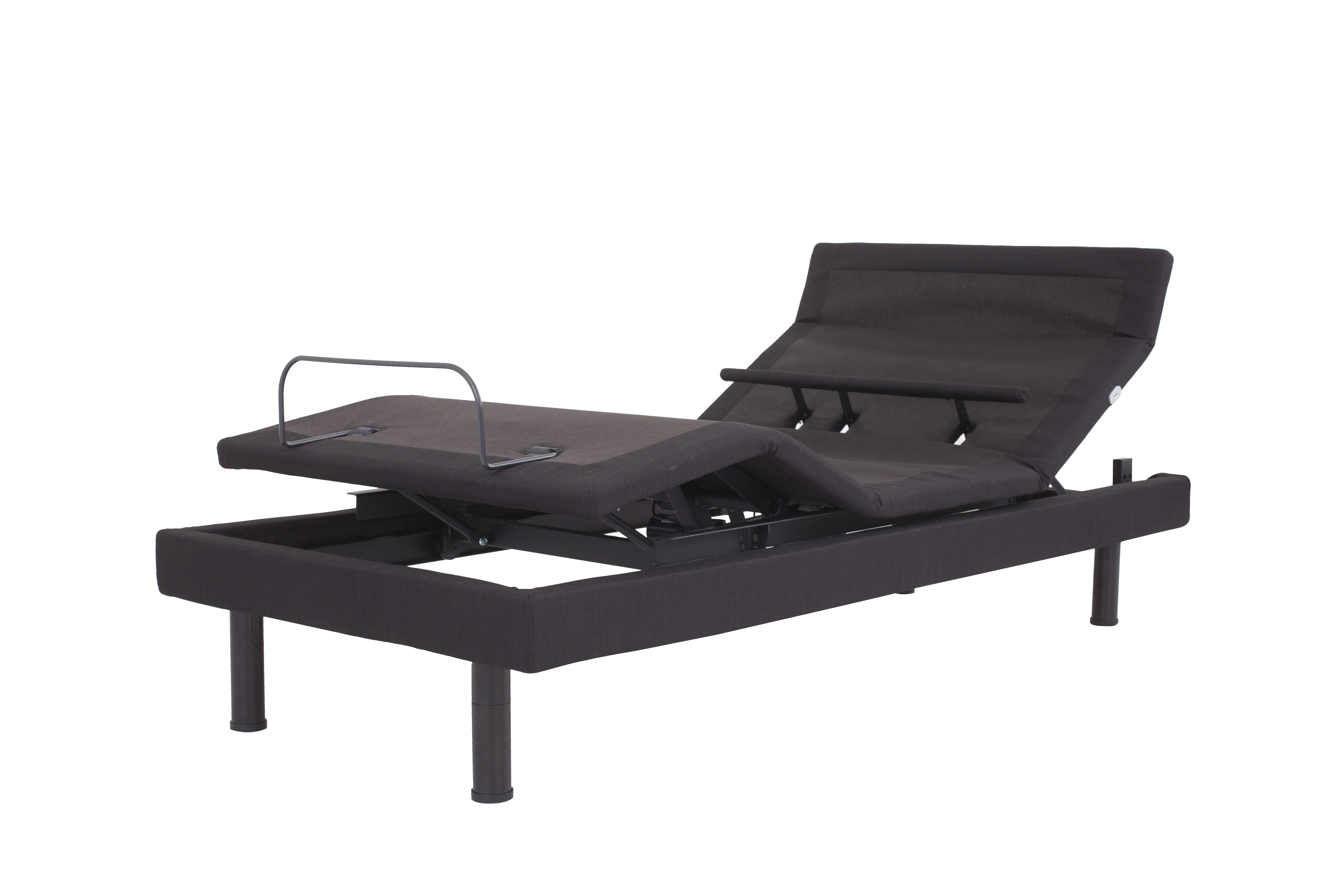 A black NE500S Base shown in adjusted position with head, lumbar, and foot of bed elevated; black base and black legs against a white background.