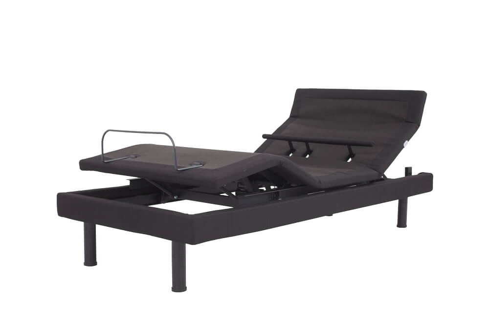 A black NE500S Base shown in adjusted position with head, lumbar, and foot of bed elevated; black base with black legs against a white background.