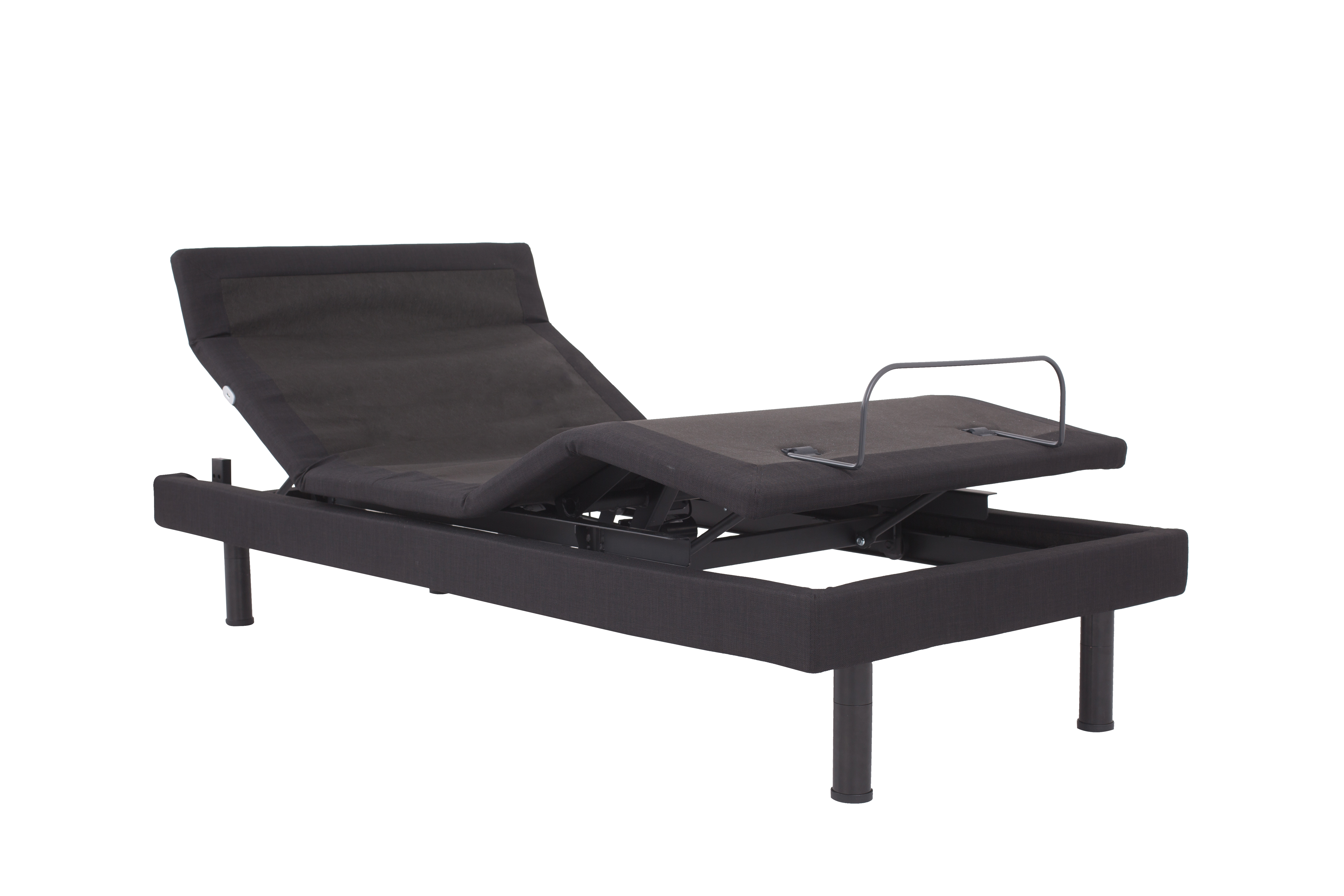 A black NE500S base is shown in an adjusted position with the head and foot of the bed elevated with black round legs against white background.