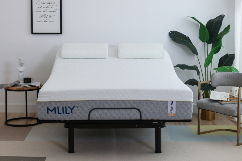 White and grey mattress labeled MLILY on adjustable bed frame with two pillows next to large green plant.