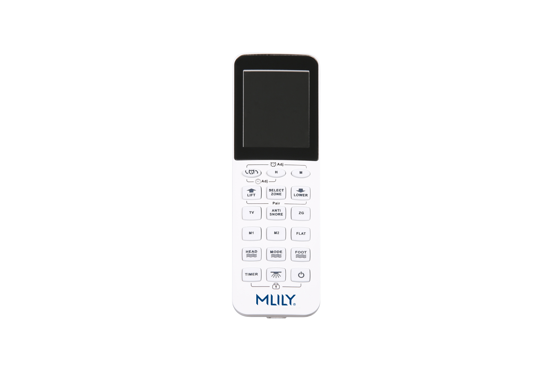 A white NE600S Base wireless remote control with 18 buttons and a blue MLILY logo on the front is pictured against a white background.